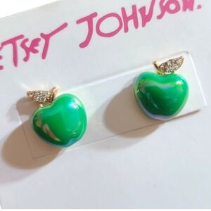 Vibrant Green Apple Stud Earrings Rhinestones  Gold Tone Trendy